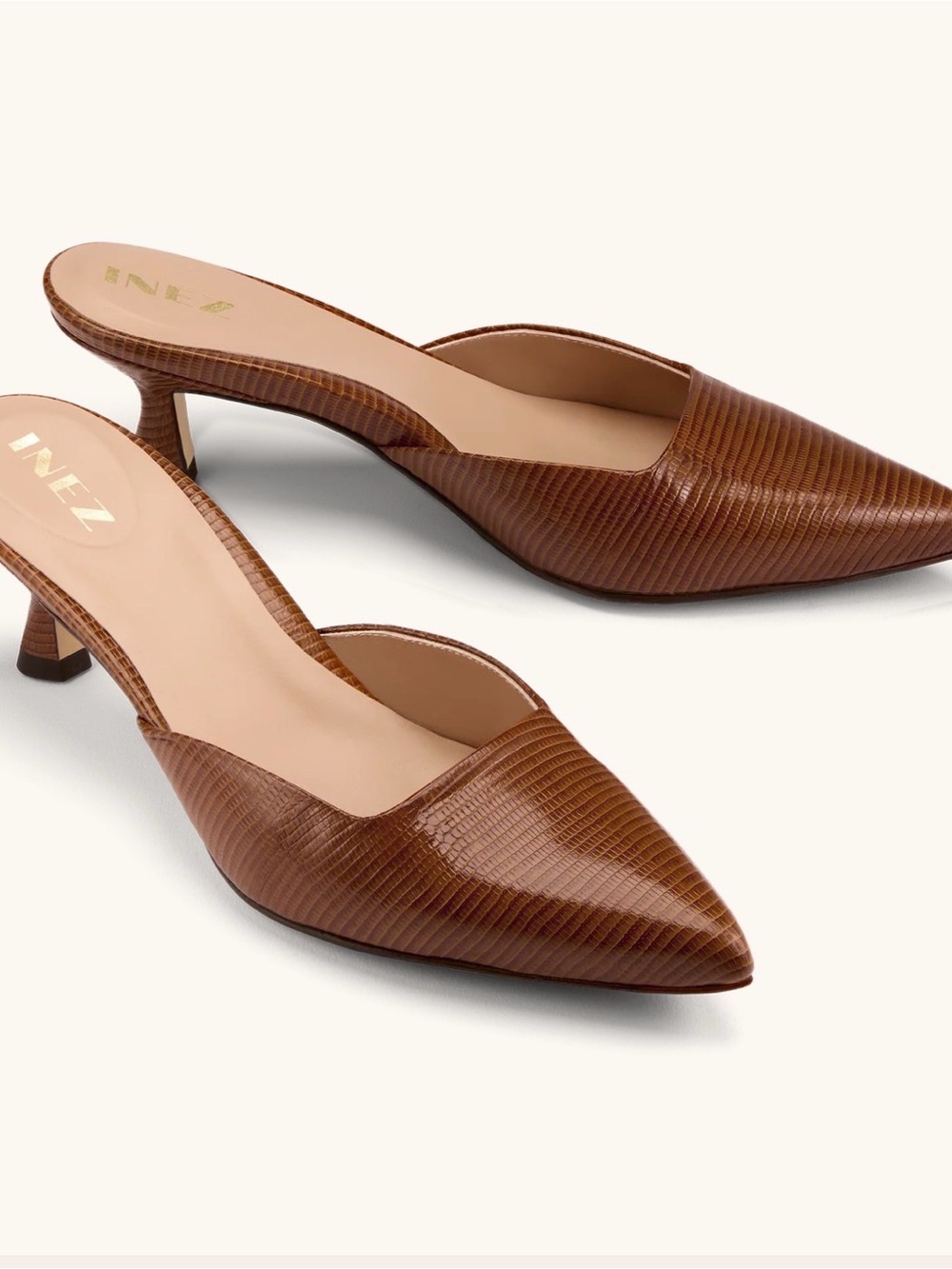 Inez NEW IN BOX Bea in amber lizard, pointed toe mule kitten heel size 9 - Picture 12 of 12